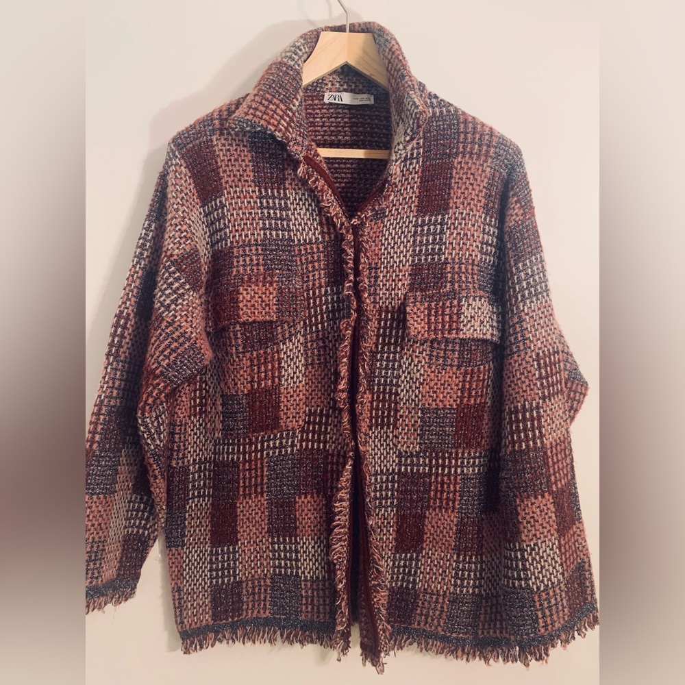 Zara Checkered Knit Utility Jacket - Rosewood mauve, silver knits